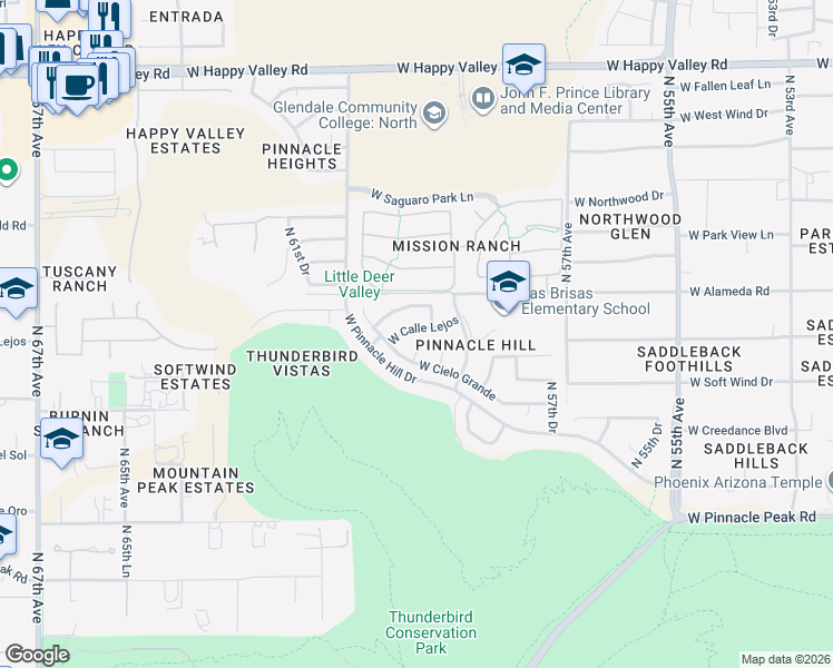 map of restaurants, bars, coffee shops, grocery stores, and more near 23846 North 59th Drive in Glendale