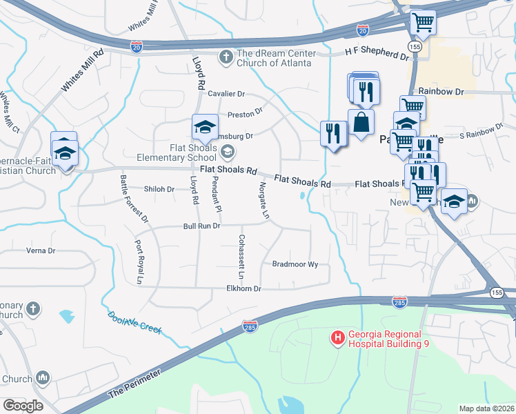 map of restaurants, bars, coffee shops, grocery stores, and more near 2632 Bull Run Drive in Decatur