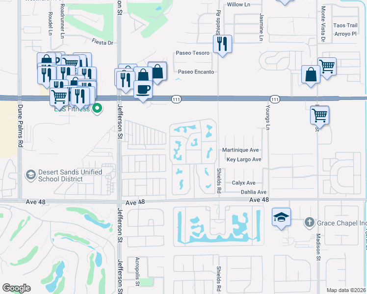 map of restaurants, bars, coffee shops, grocery stores, and more near 80394 Avenue 48 in Indio