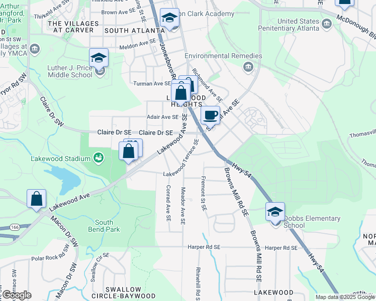 map of restaurants, bars, coffee shops, grocery stores, and more near 1845 Lakewood Terrace Southeast in Atlanta