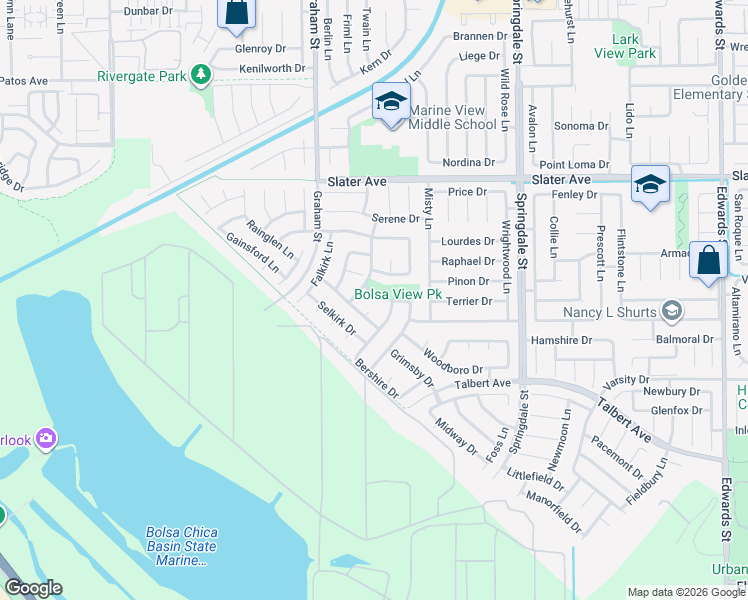 map of restaurants, bars, coffee shops, grocery stores, and more near 5642 Brighton Drive in Huntington Beach