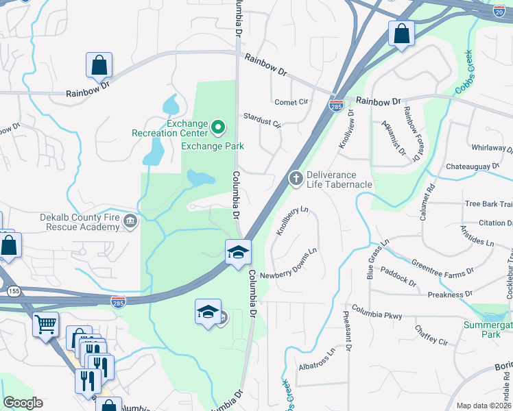 map of restaurants, bars, coffee shops, grocery stores, and more near 2824 Columbia Drive in Decatur