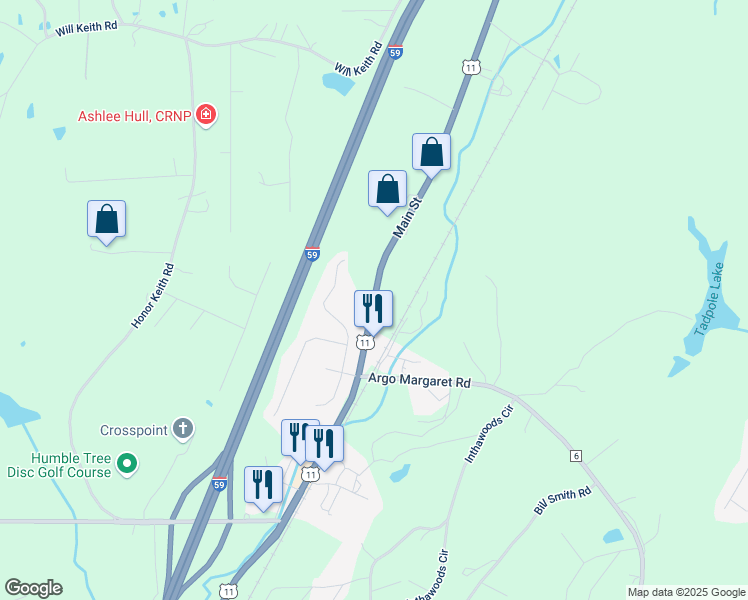 map of restaurants, bars, coffee shops, grocery stores, and more near 600 Main Street in Argo