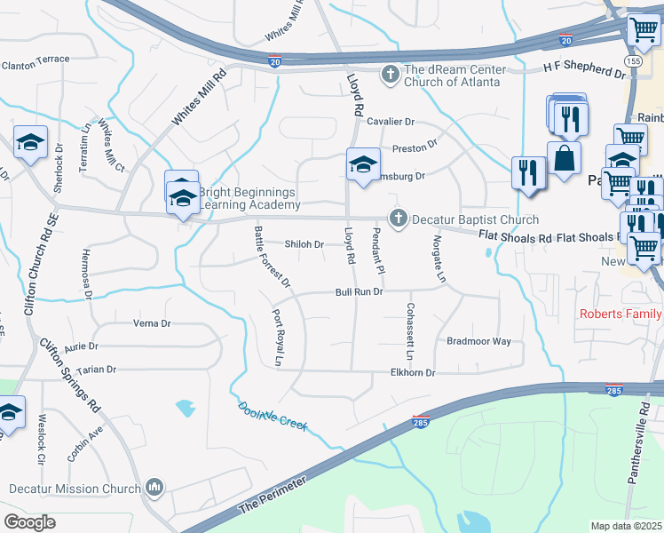 map of restaurants, bars, coffee shops, grocery stores, and more near 2834 Vicksburg Court in Decatur