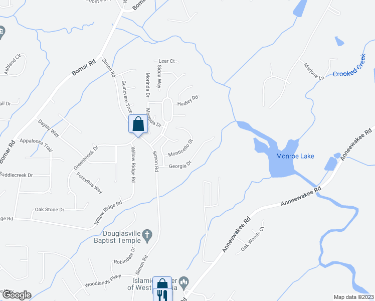 map of restaurants, bars, coffee shops, grocery stores, and more near 3801 Monticello Street in Douglasville