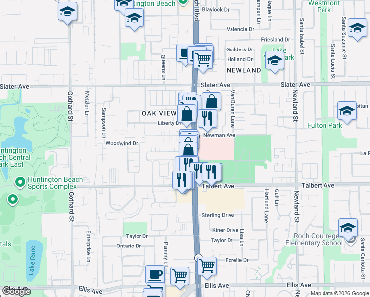 map of restaurants, bars, coffee shops, grocery stores, and more near 7941 Ronald Drive in Huntington Beach