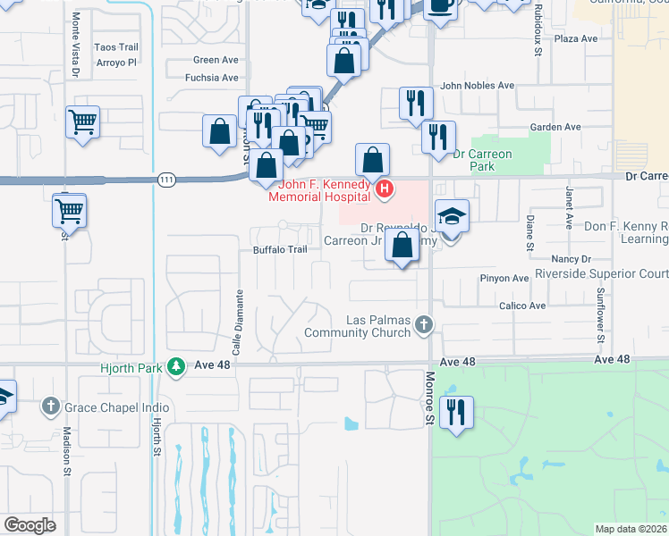 map of restaurants, bars, coffee shops, grocery stores, and more near 47520 Zoila Street in Indio