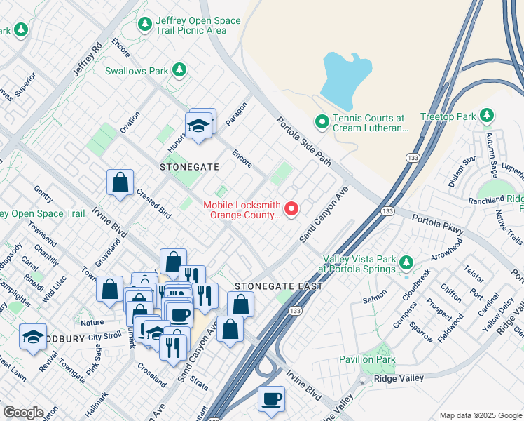 map of restaurants, bars, coffee shops, grocery stores, and more near in Irvine