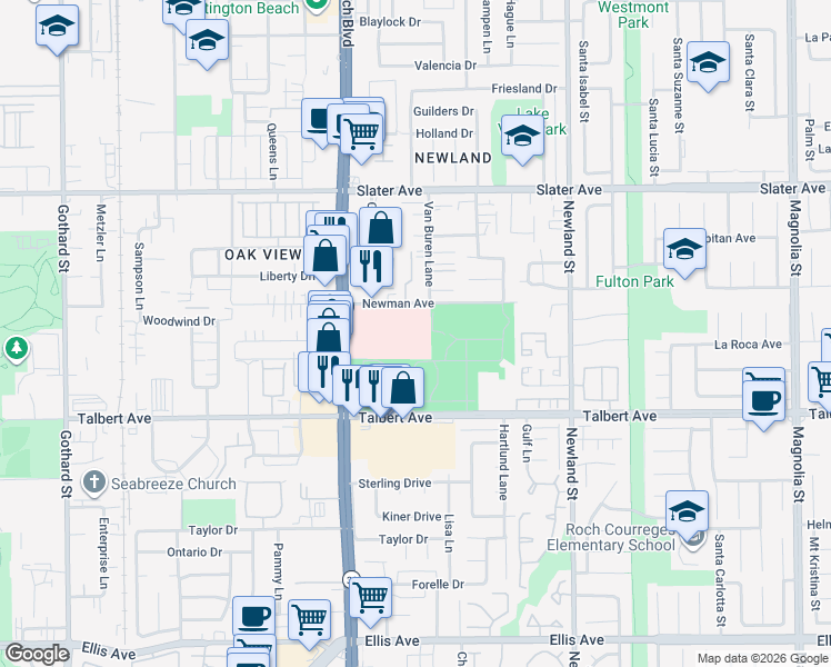 map of restaurants, bars, coffee shops, grocery stores, and more near 17772 Beach Boulevard in Huntington Beach