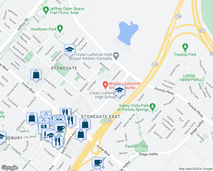 map of restaurants, bars, coffee shops, grocery stores, and more near 41 Somerton in Irvine