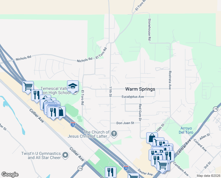 map of restaurants, bars, coffee shops, grocery stores, and more near Tereticornis Avenue in Lake Elsinore