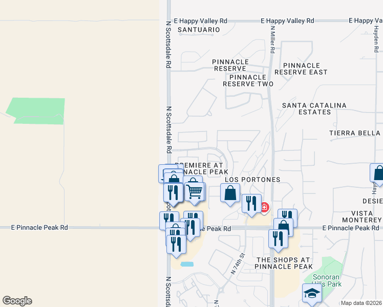 map of restaurants, bars, coffee shops, grocery stores, and more near 7233 East Softwind Drive in Scottsdale