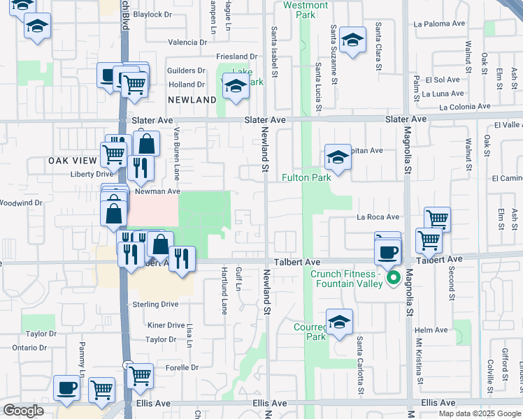 map of restaurants, bars, coffee shops, grocery stores, and more near 17801 Newland Street in Huntington Beach