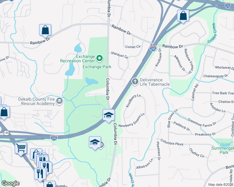 map of restaurants, bars, coffee shops, grocery stores, and more near 2824 Columbia Drive in Decatur