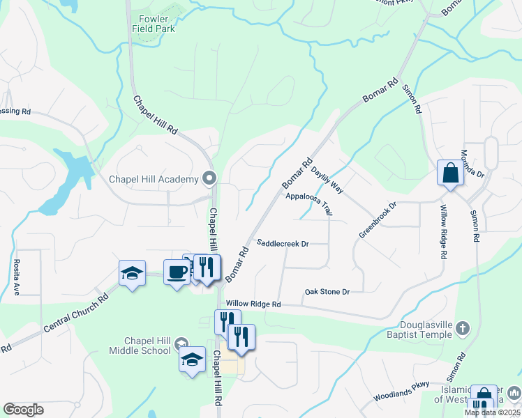 map of restaurants, bars, coffee shops, grocery stores, and more near 3719 Bomar Road in Douglasville