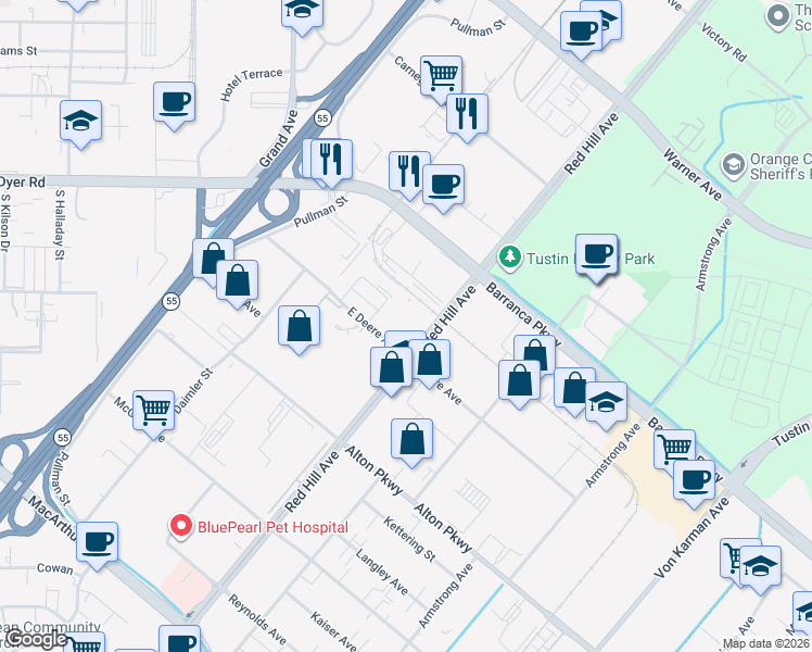 map of restaurants, bars, coffee shops, grocery stores, and more near 2850 Red Hill Avenue in Santa Ana