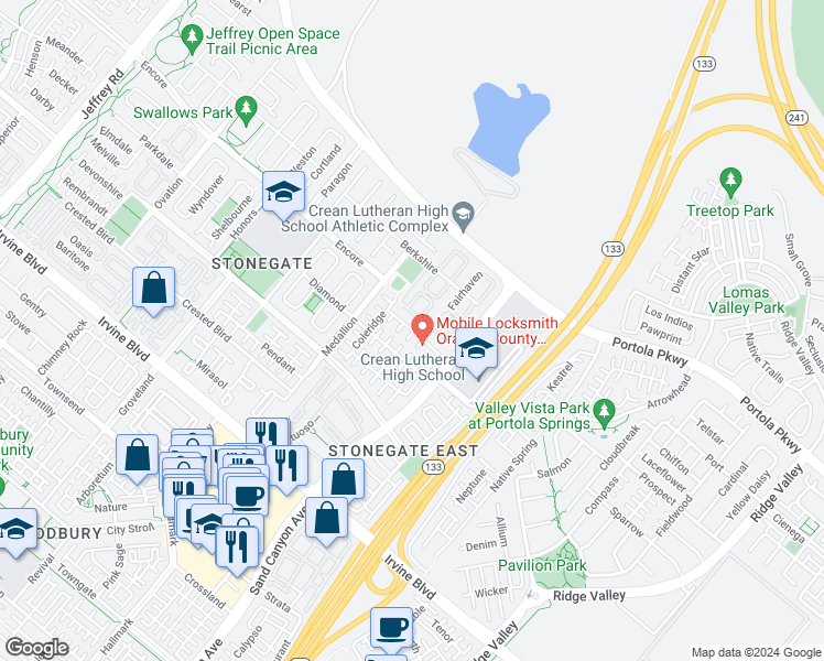 map of restaurants, bars, coffee shops, grocery stores, and more near 57 Somerton in Irvine