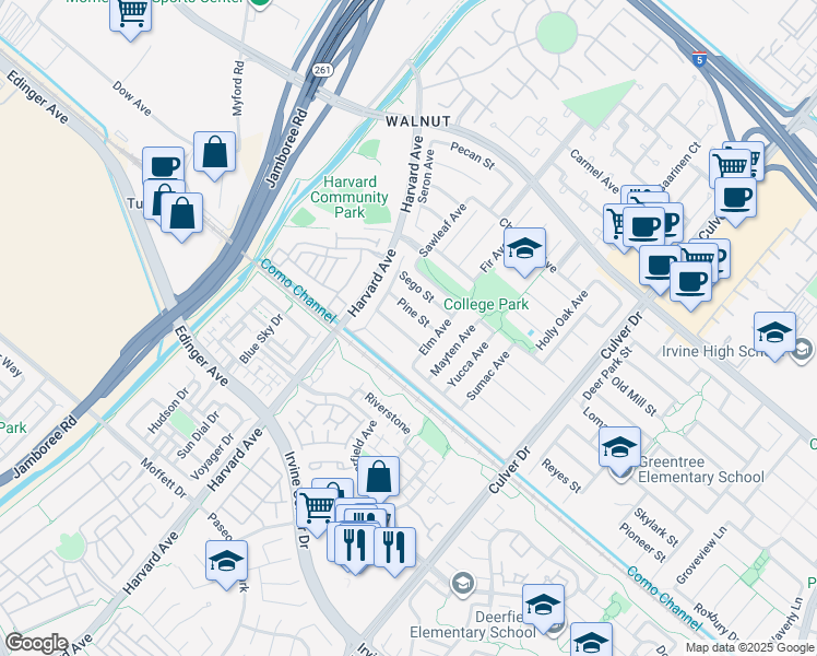 map of restaurants, bars, coffee shops, grocery stores, and more near 3621 Myrtle Street in Irvine