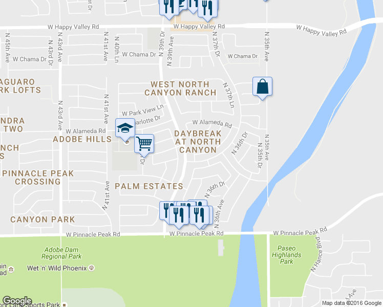 map of restaurants, bars, coffee shops, grocery stores, and more near 23856 North 38th Lane in Glendale
