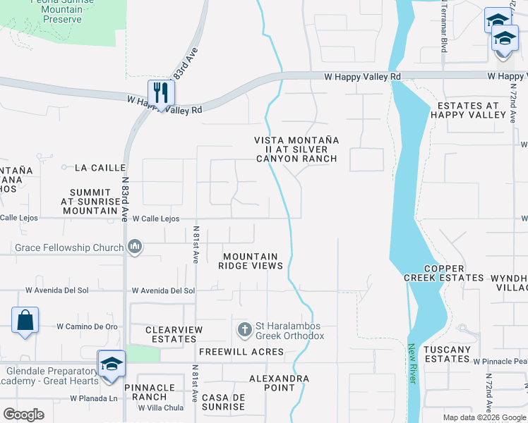 map of restaurants, bars, coffee shops, grocery stores, and more near 7863 West Calle Lejos in Peoria
