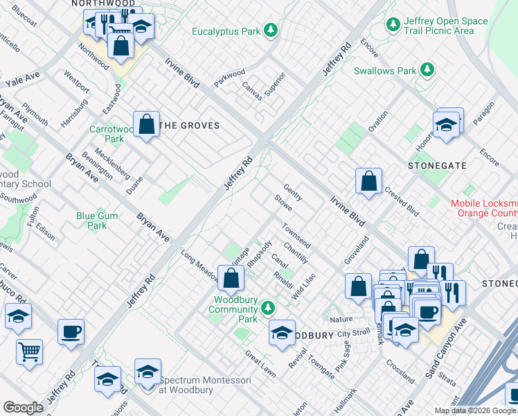 map of restaurants, bars, coffee shops, grocery stores, and more near 27 Twiggs in Irvine