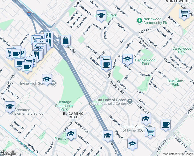 map of restaurants, bars, coffee shops, grocery stores, and more near 330 Monroe in Irvine