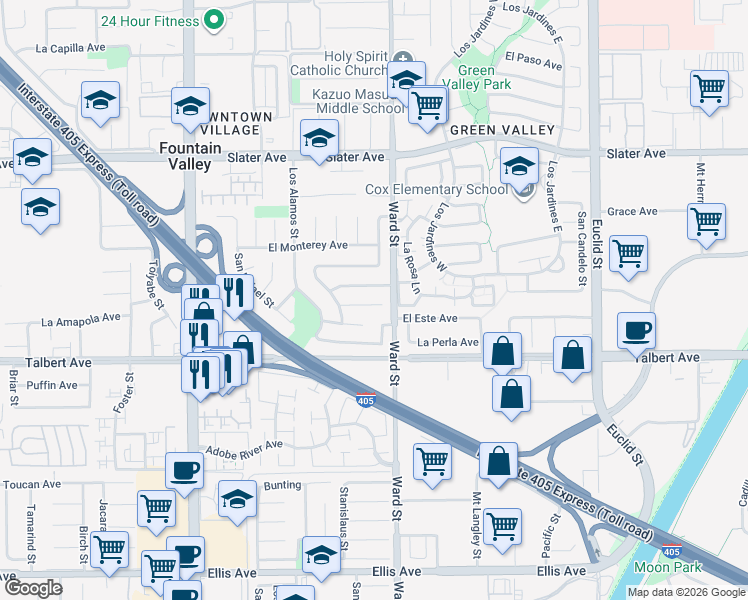 map of restaurants, bars, coffee shops, grocery stores, and more near 10450 La Ballena Circle in Fountain Valley