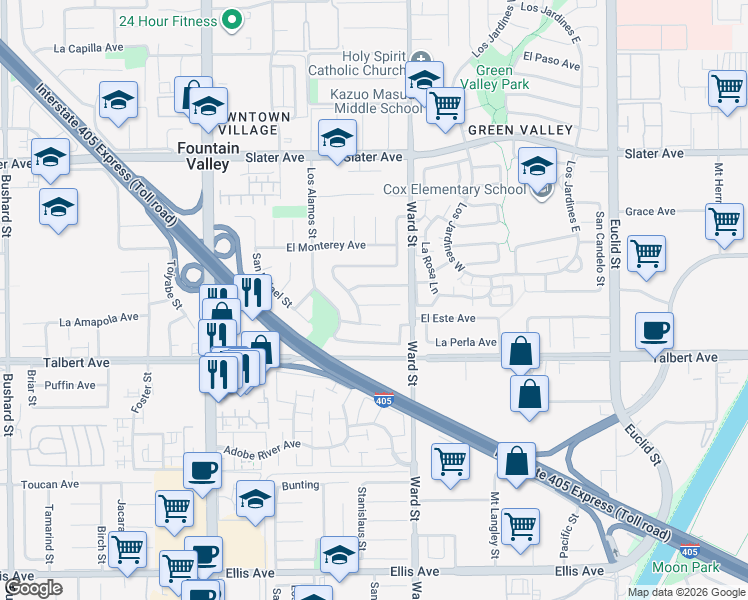 map of restaurants, bars, coffee shops, grocery stores, and more near 17887 San Clemente Street in Fountain Valley