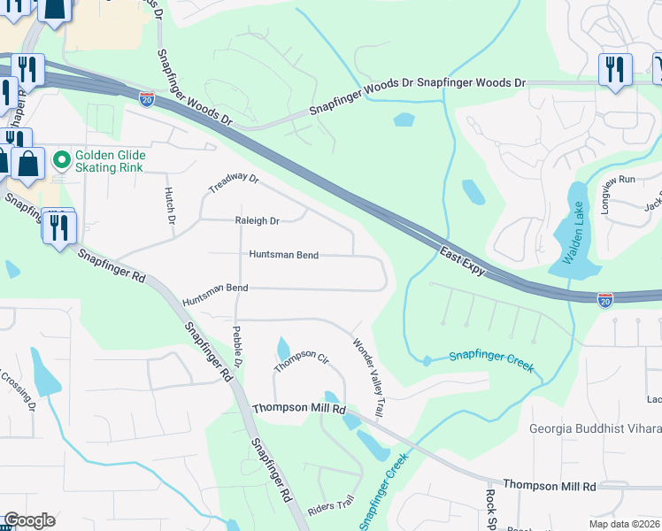 map of restaurants, bars, coffee shops, grocery stores, and more near 4566 Huntsman Bend in Decatur