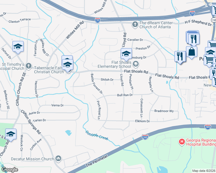 map of restaurants, bars, coffee shops, grocery stores, and more near 2868 Battle Forrest Drive in Decatur