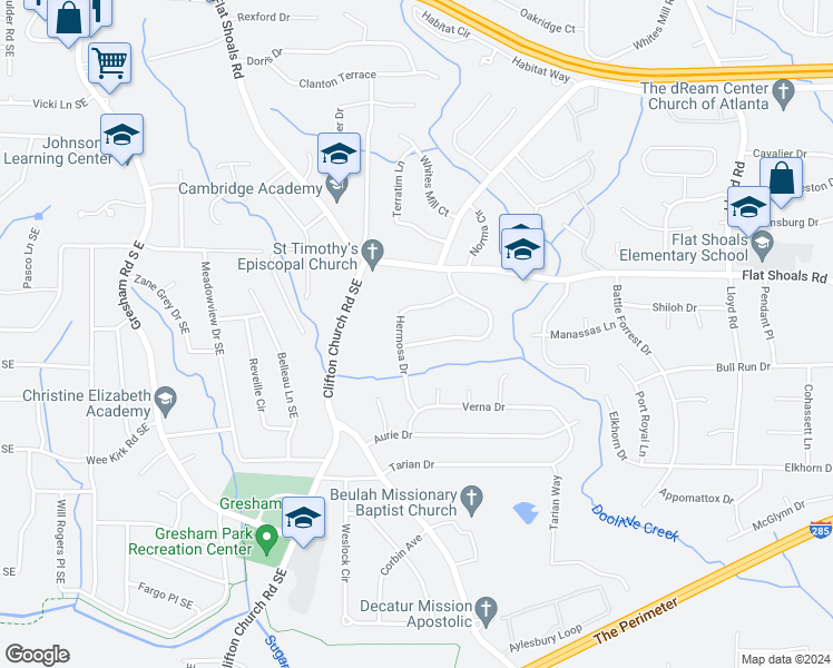 map of restaurants, bars, coffee shops, grocery stores, and more near 2914 Alameda Trail in Decatur