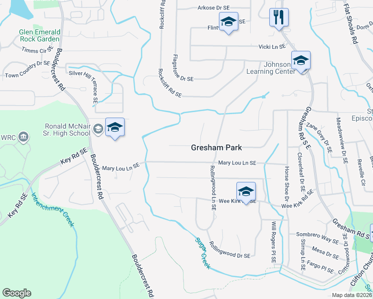 map of restaurants, bars, coffee shops, grocery stores, and more near 1749 Boulderview Drive Southeast in Atlanta