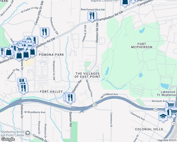 map of restaurants, bars, coffee shops, grocery stores, and more near 1916 Stanton Road in East Point