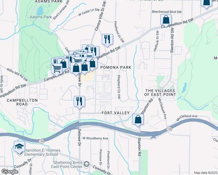 map of restaurants, bars, coffee shops, grocery stores, and more near 1877 Plaza Lane Southwest in Atlanta