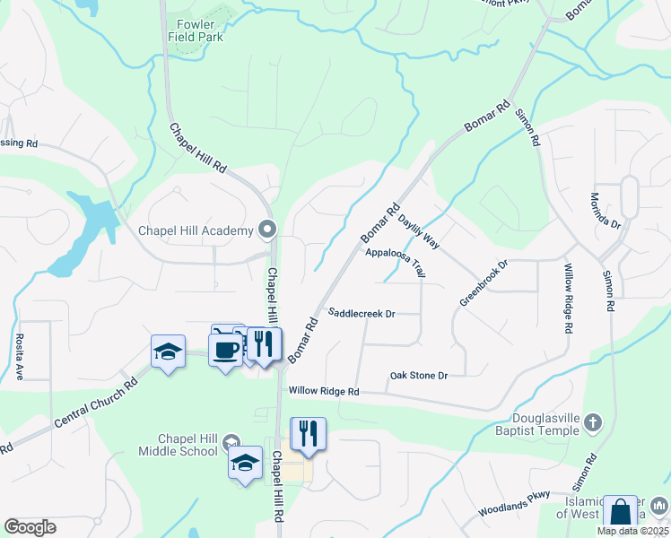 map of restaurants, bars, coffee shops, grocery stores, and more near 3719 Bomar Road in Douglasville