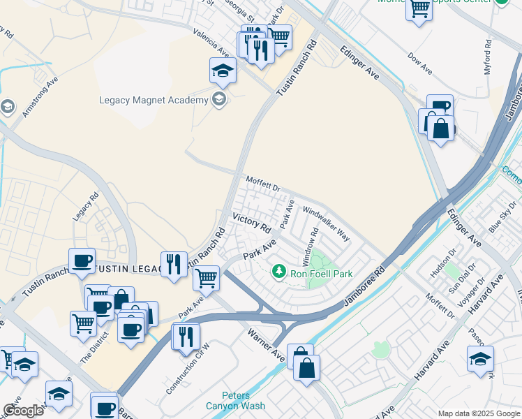 map of restaurants, bars, coffee shops, grocery stores, and more near 419 Transport in Tustin