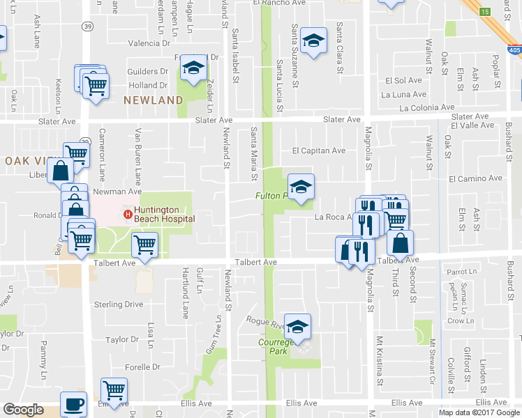 map of restaurants, bars, coffee shops, grocery stores, and more near 8598 Rockfish Circle in Fountain Valley