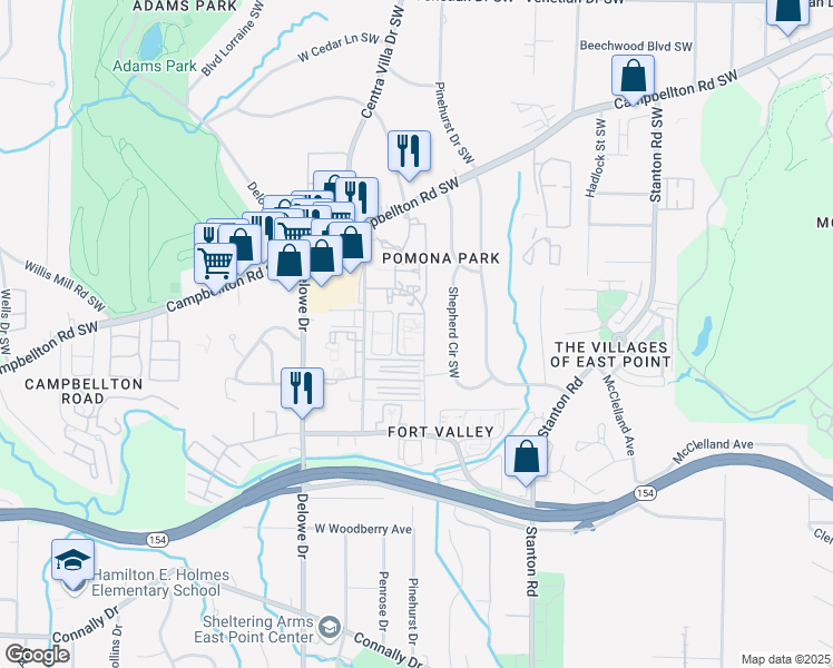 map of restaurants, bars, coffee shops, grocery stores, and more near 1877 Plaza Lane Southwest in Atlanta