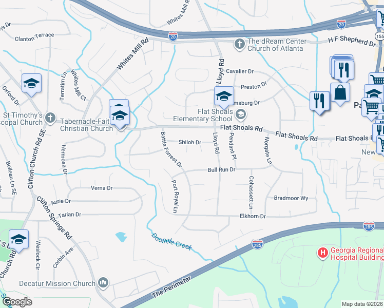 map of restaurants, bars, coffee shops, grocery stores, and more near 2868 Battle Forrest Drive in Decatur