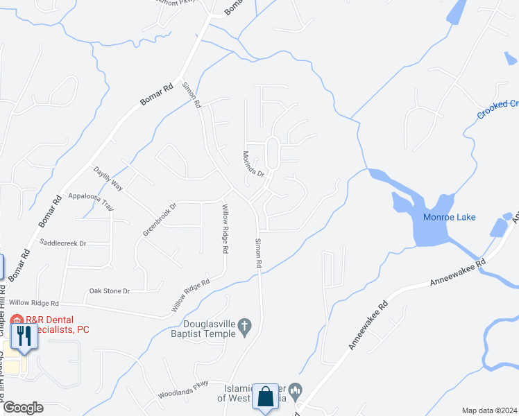 map of restaurants, bars, coffee shops, grocery stores, and more near 3723 Meridian Lane in Douglasville