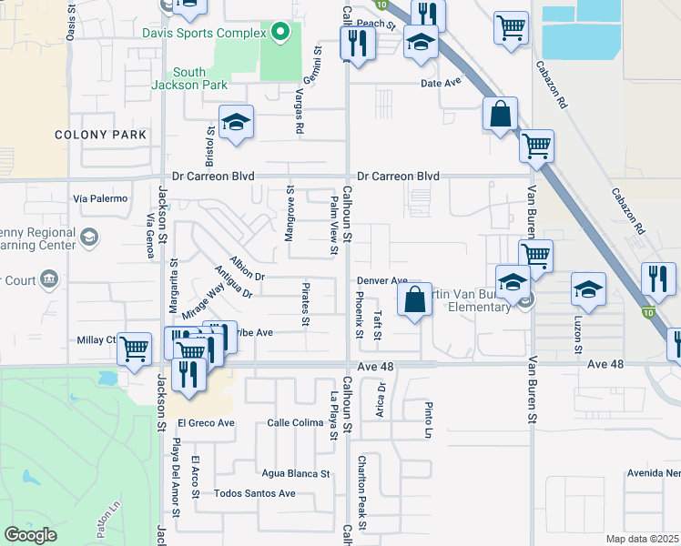 map of restaurants, bars, coffee shops, grocery stores, and more near 47508 Seville Street in Indio
