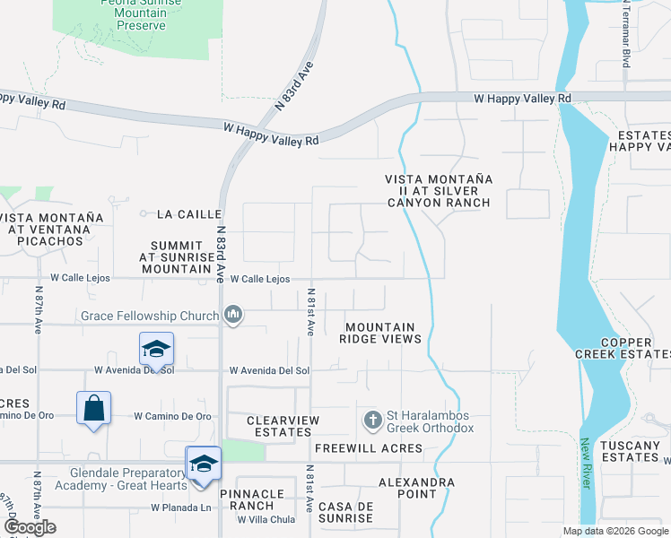 map of restaurants, bars, coffee shops, grocery stores, and more near 24044 North 80th Avenue in Peoria