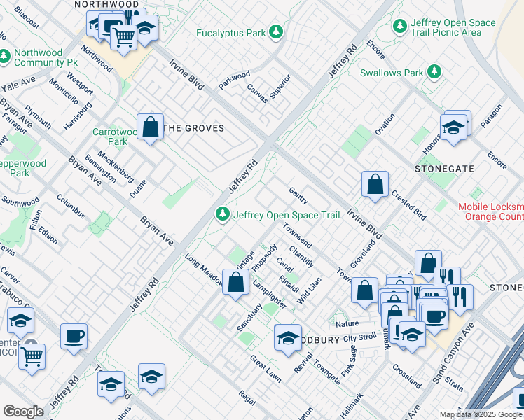 map of restaurants, bars, coffee shops, grocery stores, and more near 28 Townsend in Irvine
