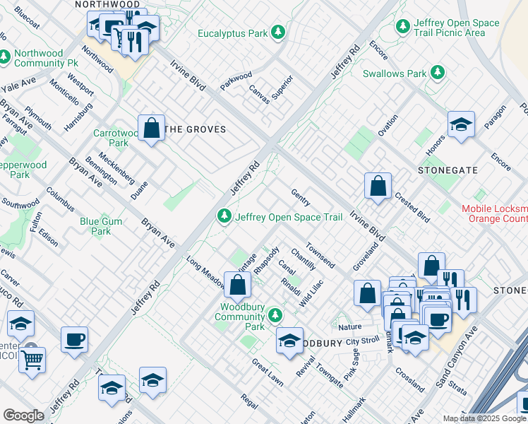 map of restaurants, bars, coffee shops, grocery stores, and more near 28 Townsend in Irvine