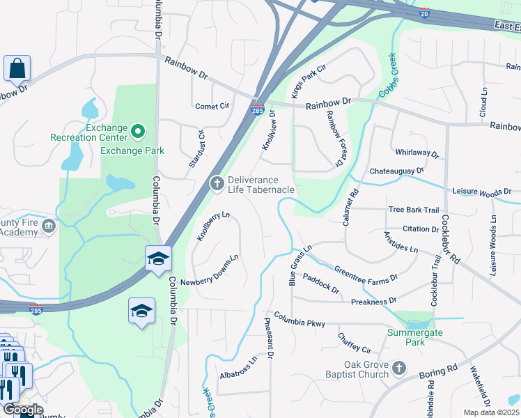 map of restaurants, bars, coffee shops, grocery stores, and more near 2830 Knollview Drive in Decatur