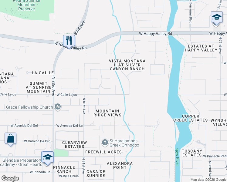map of restaurants, bars, coffee shops, grocery stores, and more near 7863 West Calle Lejos in Peoria