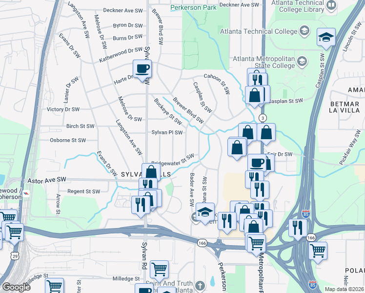 map of restaurants, bars, coffee shops, grocery stores, and more near 1859 Broadwell Street Southwest in Atlanta
