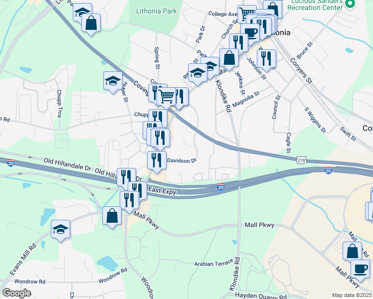 map of restaurants, bars, coffee shops, grocery stores, and more near 6751 Davidson Court in Lithonia