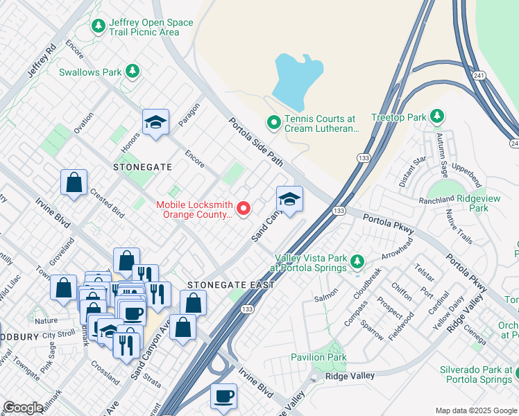 map of restaurants, bars, coffee shops, grocery stores, and more near 214 Traymore in Irvine