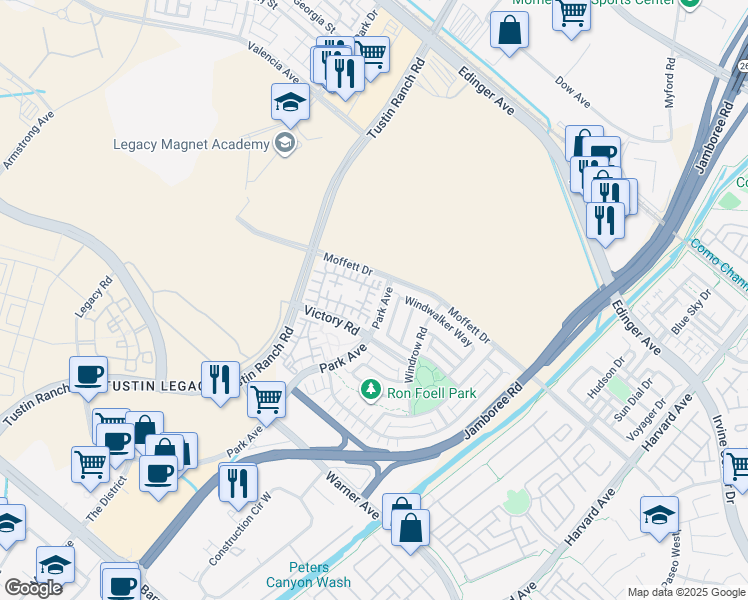 map of restaurants, bars, coffee shops, grocery stores, and more near in Tustin